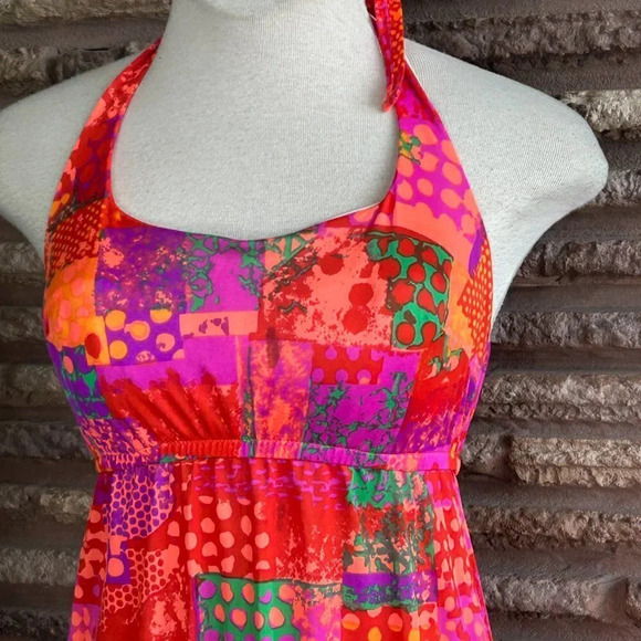 Accentuette Vintage 60s 70s Neon Pink Nylon Maxi Halter Summer Dress Size 36B - Picture 10 of 11